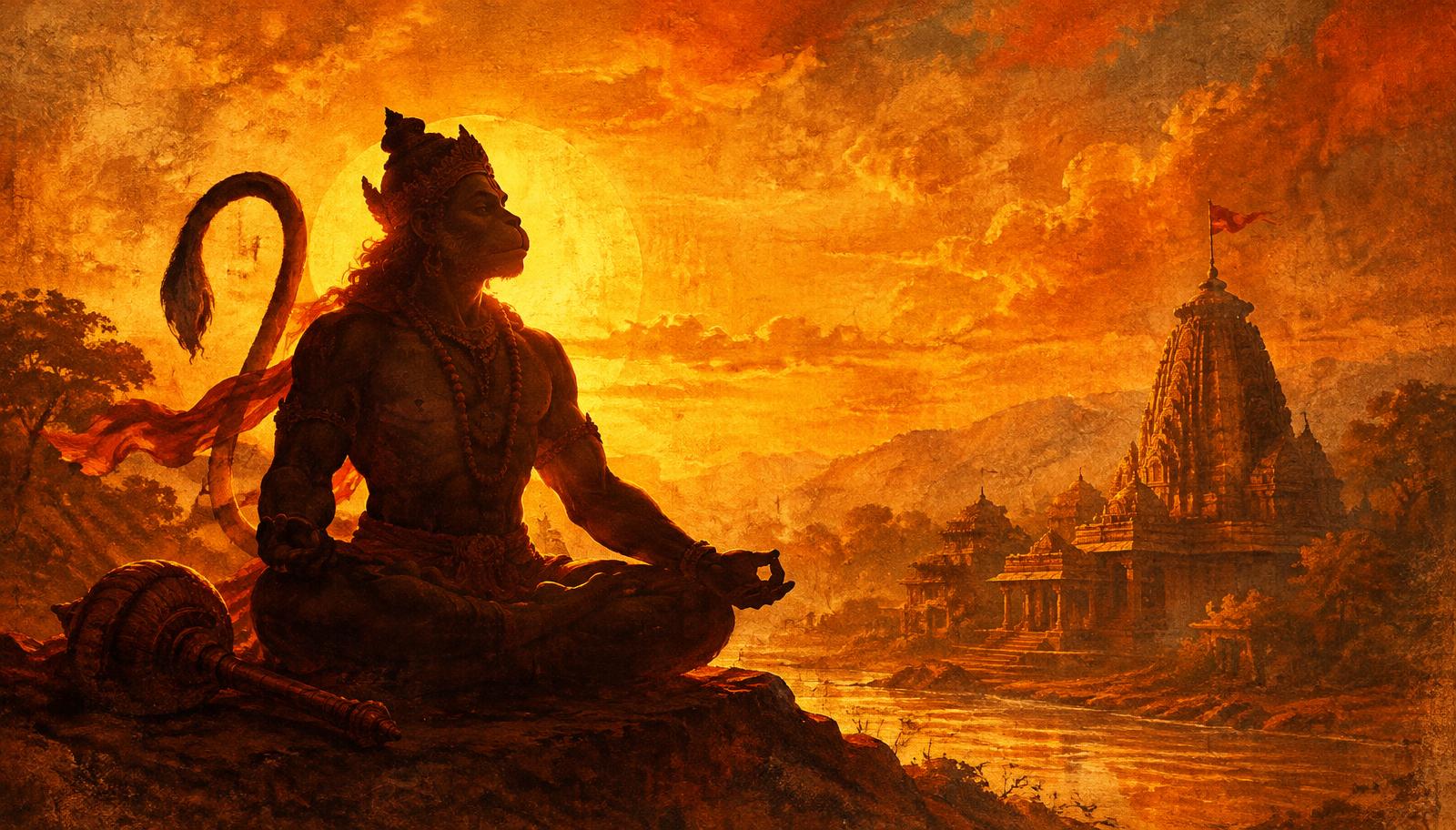 Lord Hanuman meditating at sunset near a temple